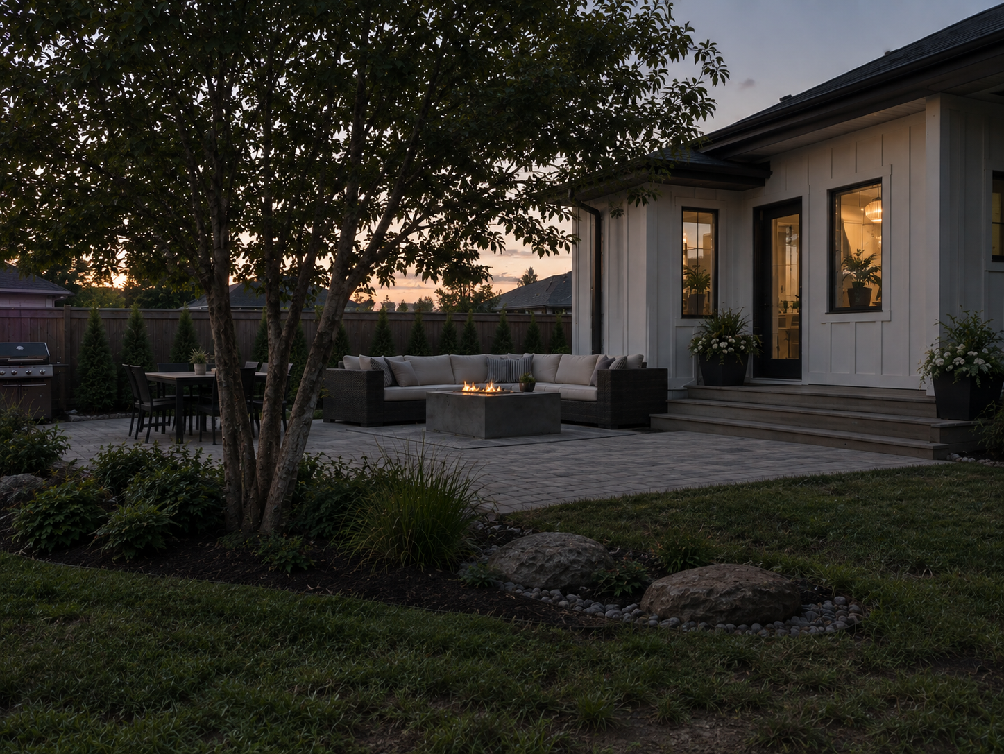 Backyard patio with fire pit and landscaped garden at dusk