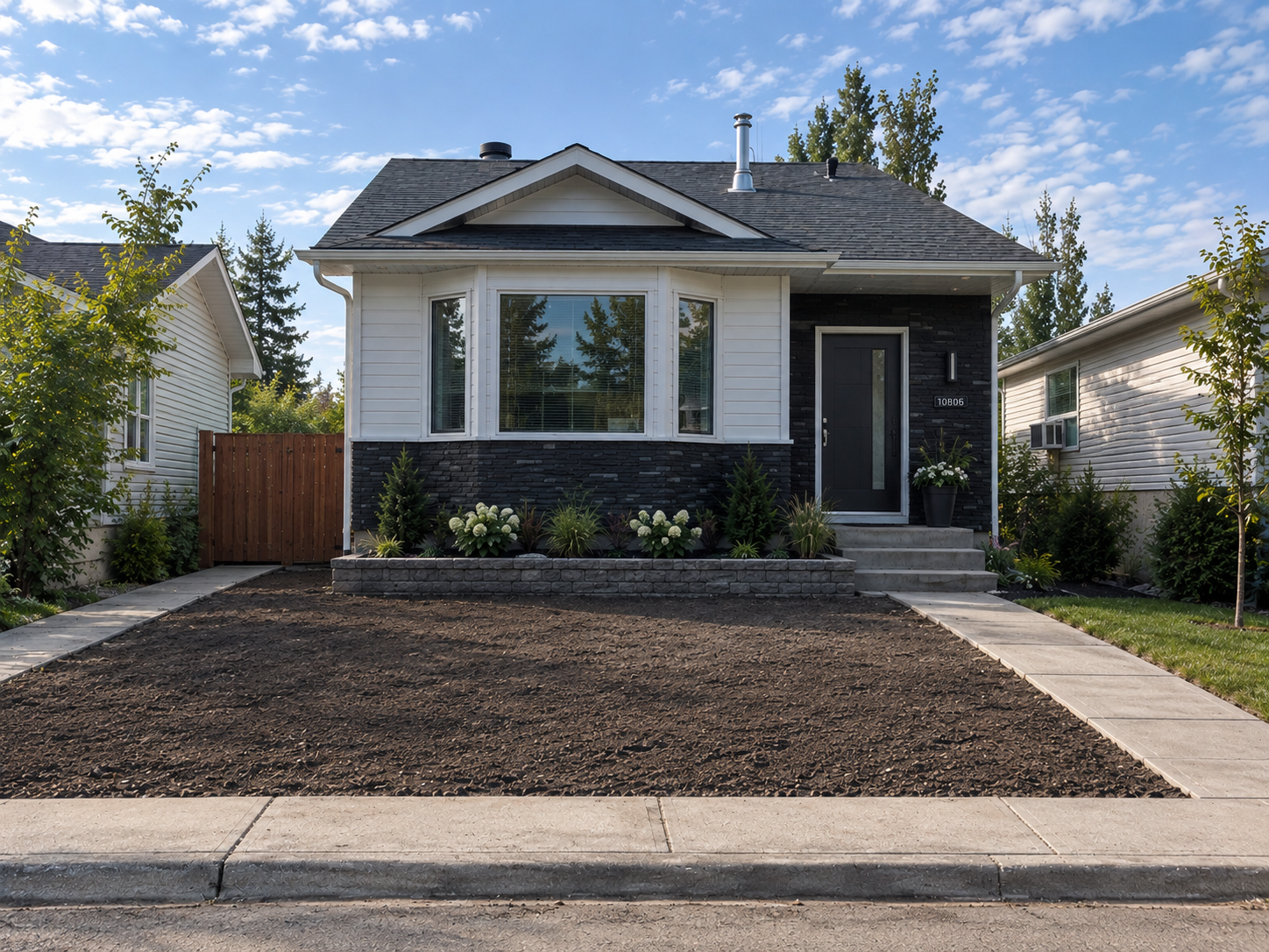 Front yard retaining wall bed with fresh sod and landscaping