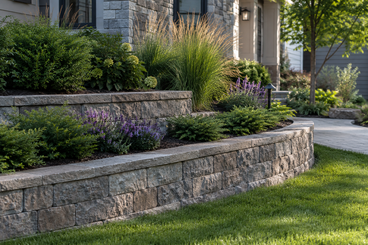 Tiered stone retaining wall with landscaping