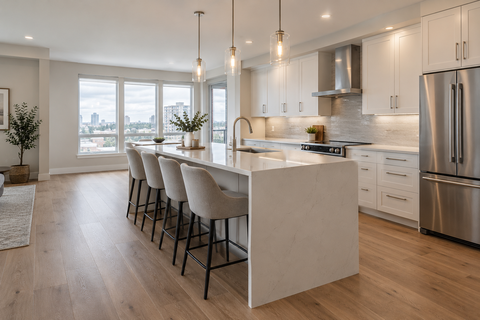 Renovated rental unit kitchen with island