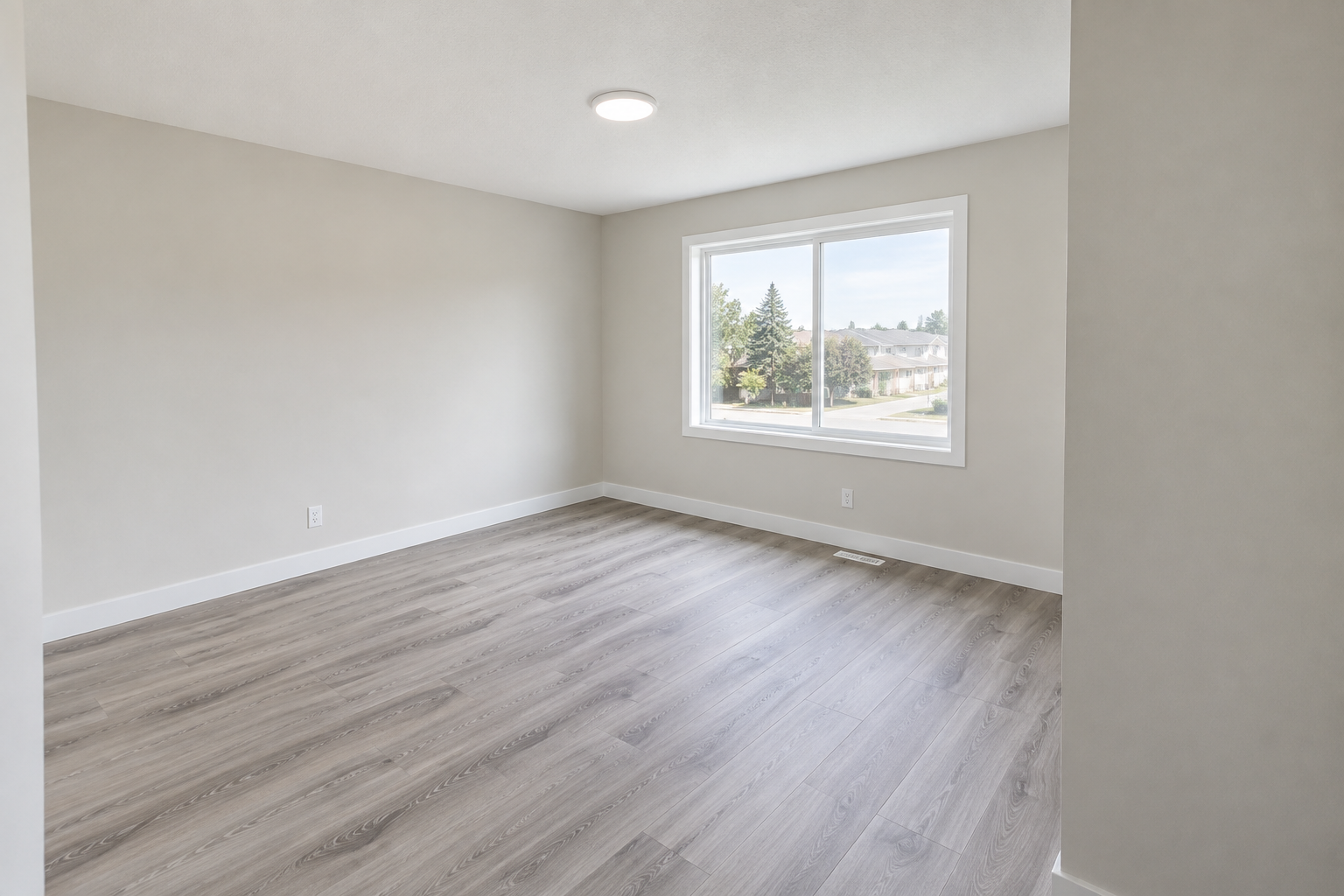 Freshly renovated empty room with new flooring