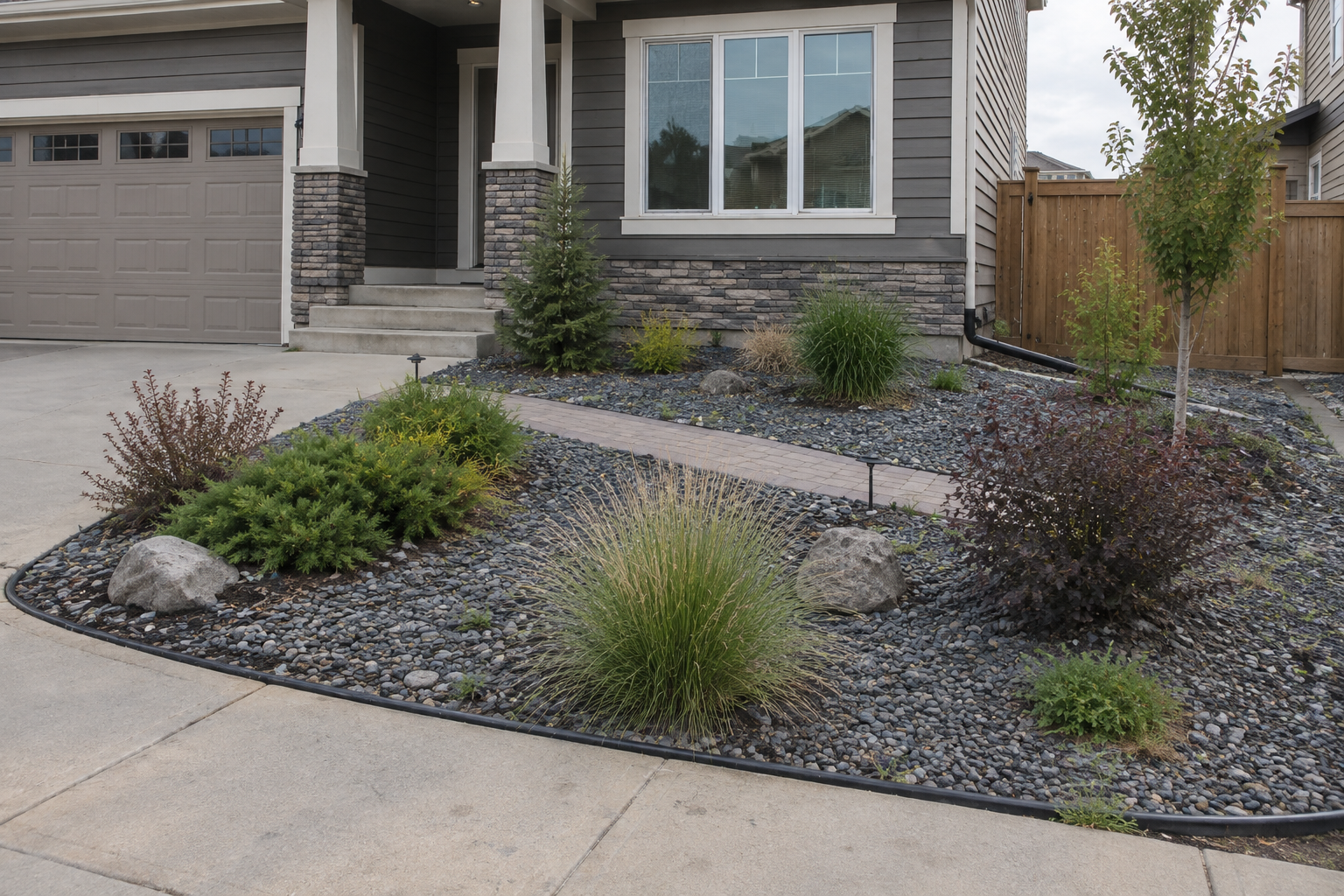 Landscape design with rock garden and planted beds
