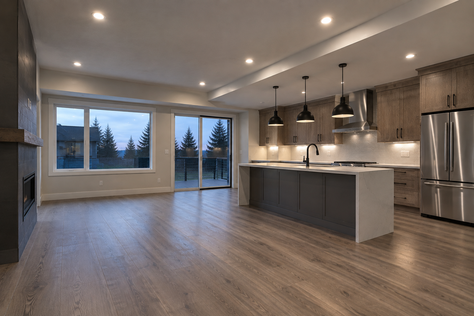 Renovated kitchen and living area with island and dusk view